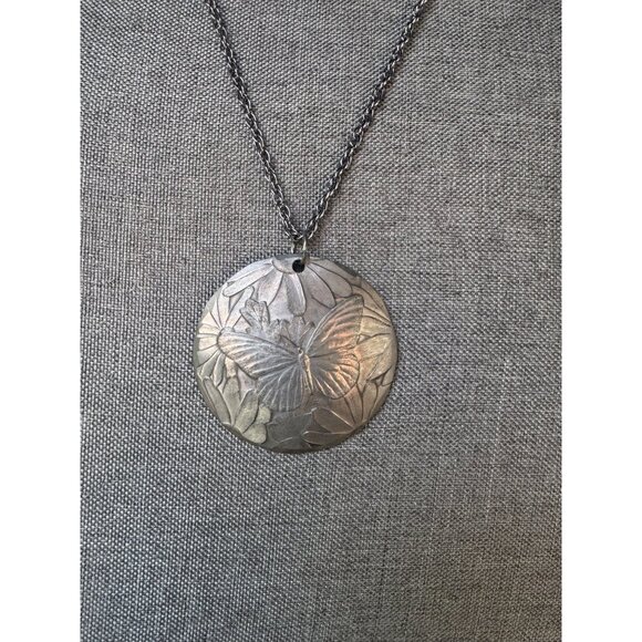 Wendell August Forge Pewter Necklace Butterfly 2 1/8" Pendant 24” Chain - Picture 1 of 6